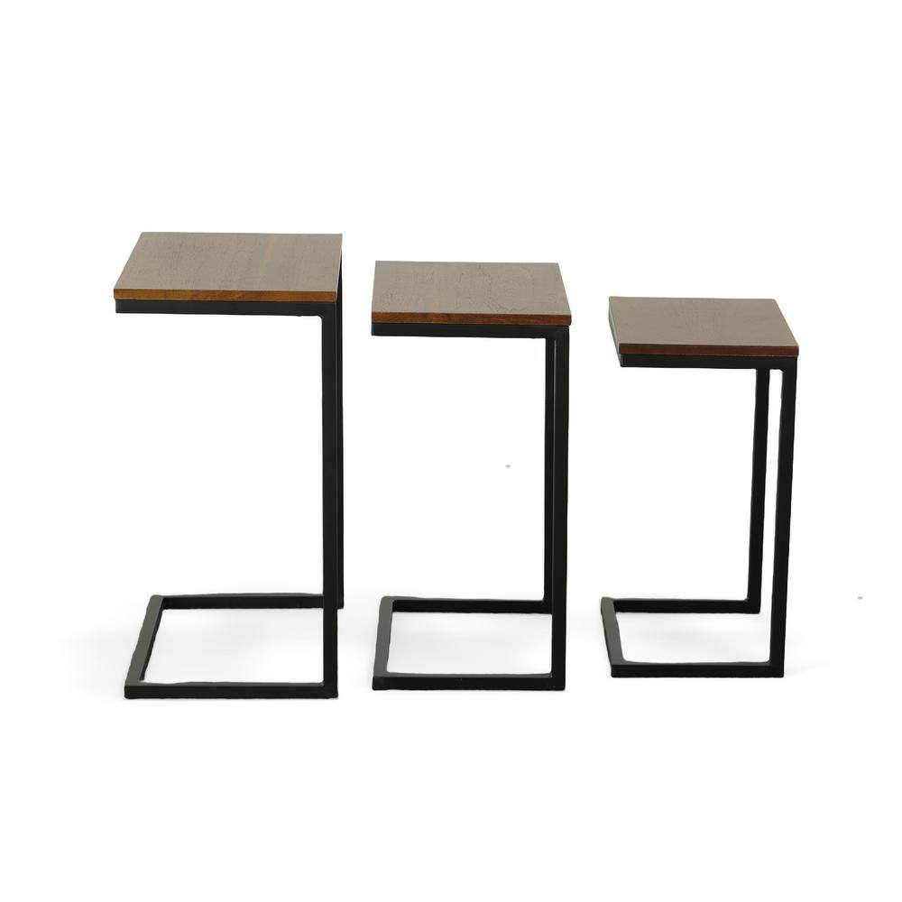 Chestnut and Black Wood Metal Nesting Tables Set of 3