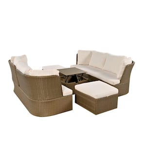 5-Piece Rattan Wicker Outdoor Sectional Set, Patio Furniture Set with Thick Beige Cushions and Ottoman