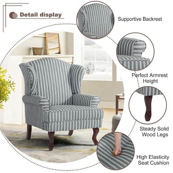 Uixe Stripe Gray Linen Wood Legs Upholstered Accent Arm Chair with