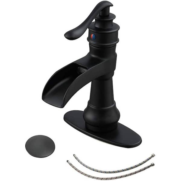 FLG Single Handle Single Hole Waterfall Brass Bathroom Faucet with Drain Assembly and Deck Plate Included in Matte Black