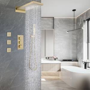 Thermostatic Triple Handle 4-Spray Patterns Shower Faucet 4.2 GPM with High Pressure 3 Body Jets in. Brushed Gold