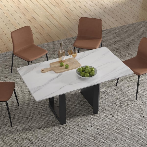 Modern Rectangle White Snow Mountain Stone Tabletop 55.12 in.Black Titanium Stainless Double Pedestal Dining Table 4Seat