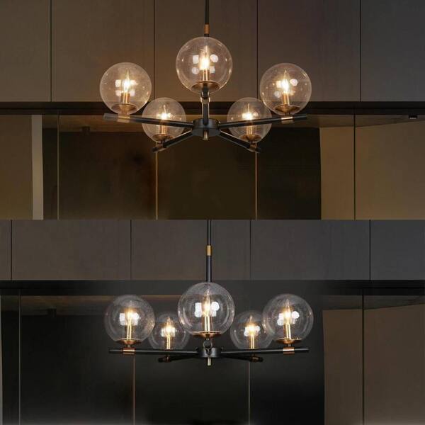 Modern Black Island Pendant Light, Ostter 22 in. 5-Light Brass Gold Round Chandelier, Industrial Hanging Light Fixture