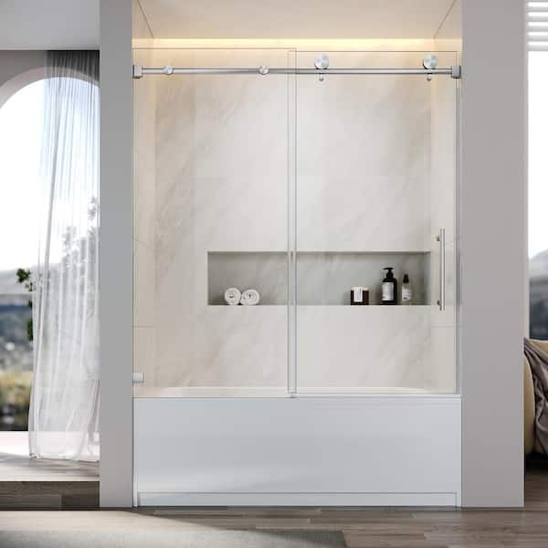 UKS03 60 in. W x 66 in. H Sliding Frameless Bathtub Door in Brushed Nickel with EnduroShield 5/16 in. SGCC Clear Glass
