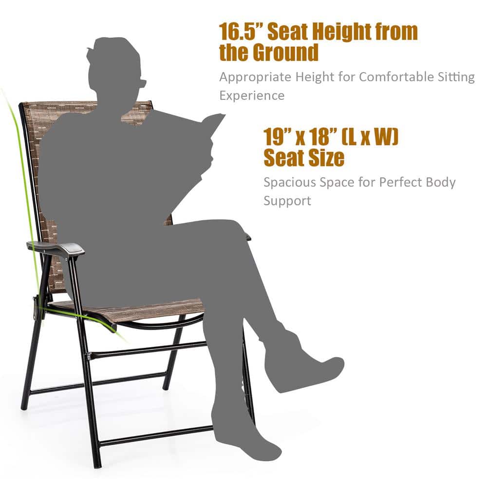 Brown Steel Frame Foldable Patio Dining Chairs with Mesh Seats, Set of 2