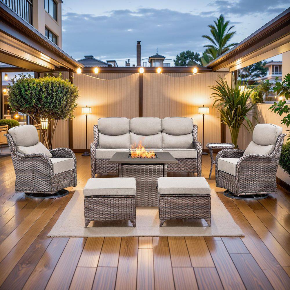 MoonLuxe Brown Wicker Fire Pit Conversation Set with Beige Olefin 6 in. Thick Cushions Patio Swivel Chairs (7-Piece) price history on PriceWatchPro