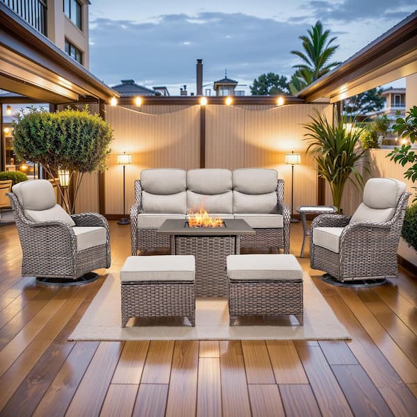 MoonLuxe Brown Wicker Fire Pit Conversation Set with Beige Olefin 6 in. Thick Cushions Patio Swivel Chairs (7-Piece)