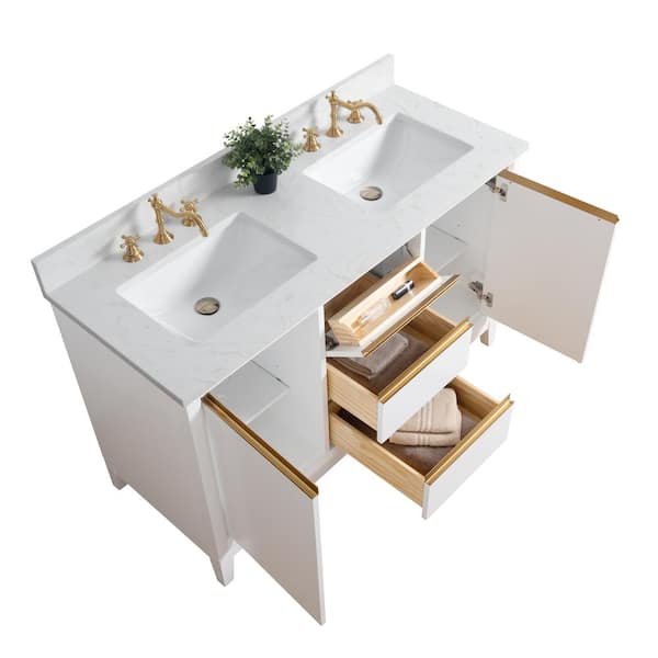 Vanity Art 54 in. W x 22 in. D x 34 in. H Double Sink Bathroom Vanity in White with Engineered Marble Top