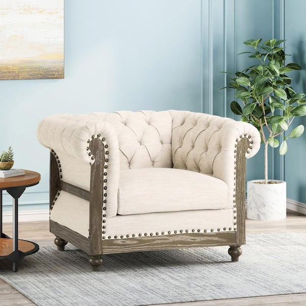 CHRISTOPHER KNIGHT HOME Chesterfield Beige Upholstered Scrolled Tuxedo Armchair Club Chair with Deep ButtonTufting and Nail head Trim