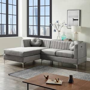 85.5 in. W Velvet Sectional Sofa Chaise with USB Charging Port in Gray