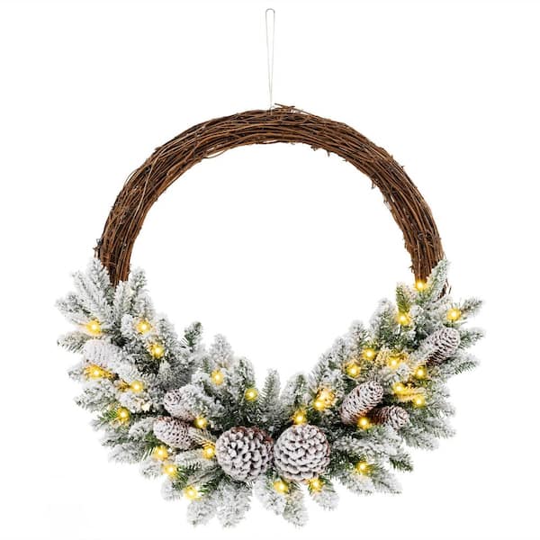 ANGELES HOME 24 in. White Snow Flocked Pre-Lit LED Artificial Christmas Wreath with Pine Cones