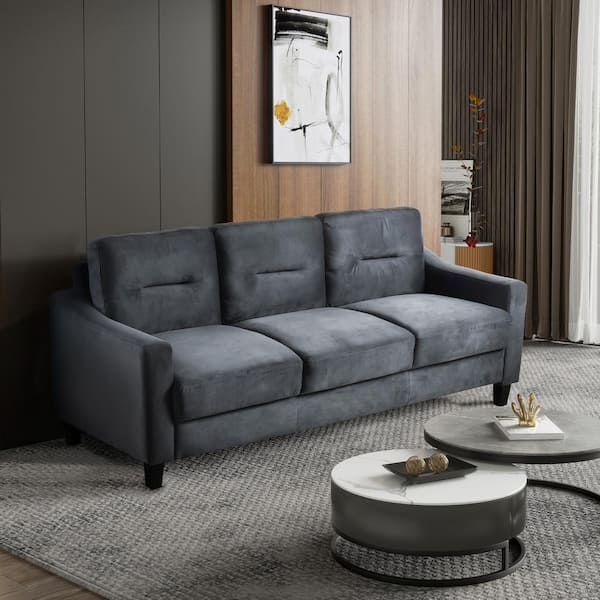 Harper & Bright Designs 76.7 in. W Straight Arm Velvet Rectangle Sofa in Black with Rubber Wood Tapered Legs