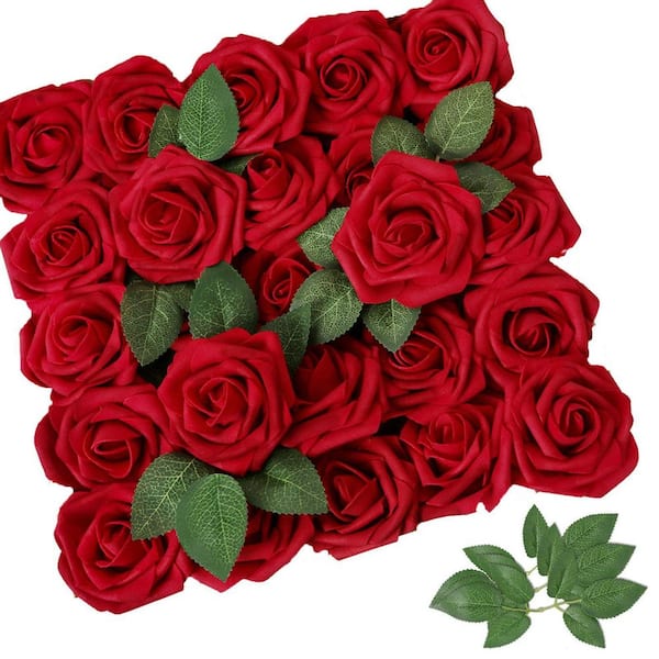 Dark Red 9.84 in. Artificial Rose Stem 25-Piece for DIY Wedding Bouquets Centerpieces Arrangements Decorations