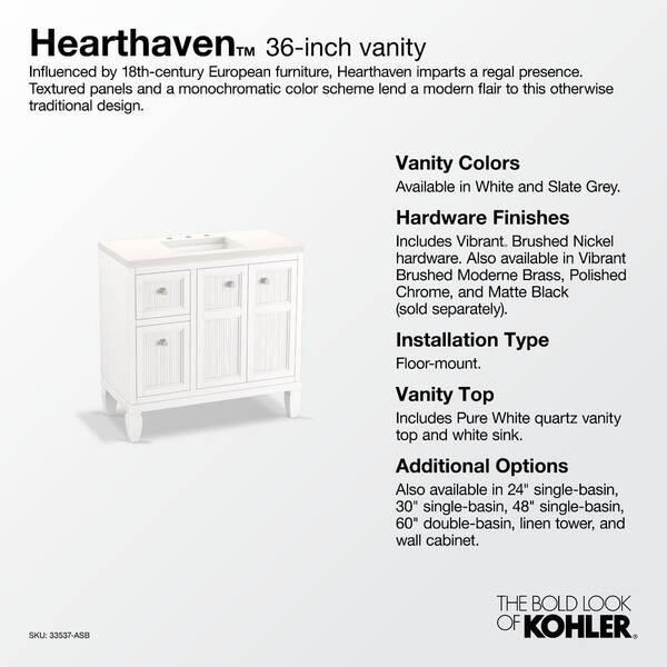 KOHLER Hearthaven 36.56in. Single Sink Freestanding White Bath Vanity with White Quartz Top Assembled