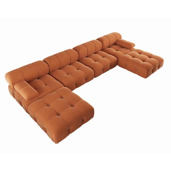 138.61 in. Square Arm 6-piece U Shaped Velvet Modular Free Combination Sectional Sofa with Ottoman in. Orange