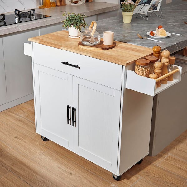 Kitchen Cart with Solid Natural Wood Top, 35.4 in. W Mobile Carts with Storage Cabinet, Rolling Kitchen Table, White