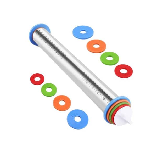 17 in. Stainless Steel Satin Finish Rolling Pin with Adjustable Thickness Rings for Baking