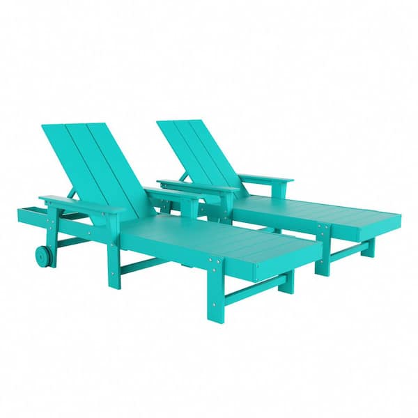Shoreside 2Piece Turquoise Fade Proof Plastic Portable Poly Reclining Outdoor Patio Chaise Lounge Arm Chairs with Wheels