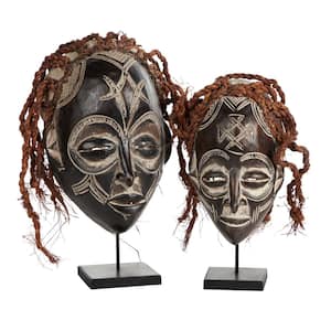 Handmade Brown Barkcloth and Baobab Wood Chokwe Mask with Long Rope Hair - Set of 2