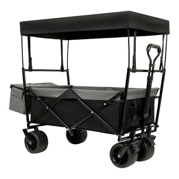 20 cu. ft. 480Lbs Collapsible Steel Wagon Garden Cart Powered Wheelbarrow with Canopy Black with Mosquito Net