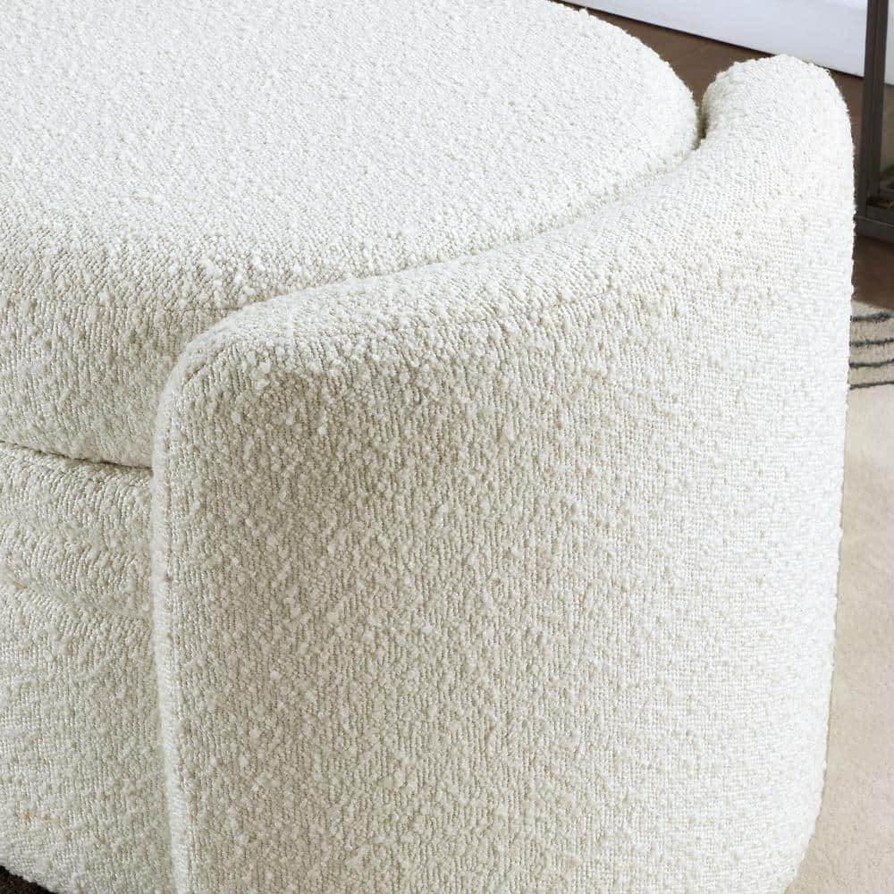 White Boucle Upholstered Storage Bench with Wood Frame