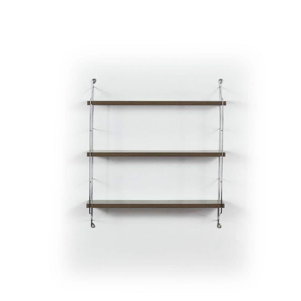 3-Tier Solid Wood and Metal Bracket Wall Shelf Rustic, Walnut/Chrome 6 in. 