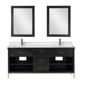 Kesia 72 in. W x 22 in. D x 34 in. H Double Sink Bath Vanity in Black Oak with White Composite Stone Top and Mirror