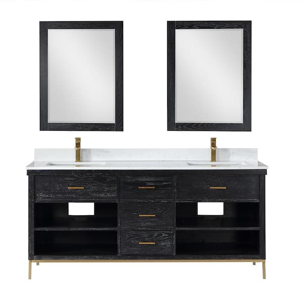 Altair Kesia 72 in. W x 22 in. D x 34 in. H Double Sink Bath Vanity in Black Oak with White Composite Stone Top and Mirror