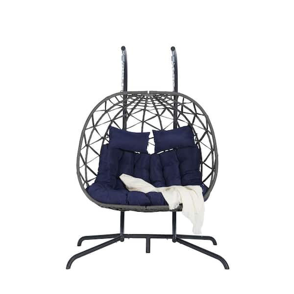 Unbranded 2-Person Wicker Patio Swing Egg Chair Hanging Egg Chair with Stand Egg Swing Chairs Hammock Chair with Navy Cushions
