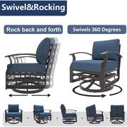 7-Piece Aluminum Patio Conversation Set with armrest, Firepit Table, Swivel Rocking Chairs and Cushion Navy Blue