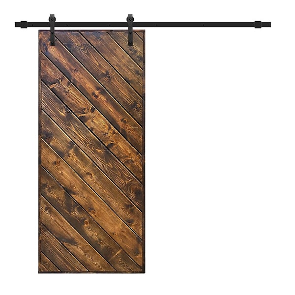 CALHOME Modern European Series 24 in. x 84 in. Pre Assembled Walnut Stained Solid Wood Sliding Barn Door with Hardware Kit