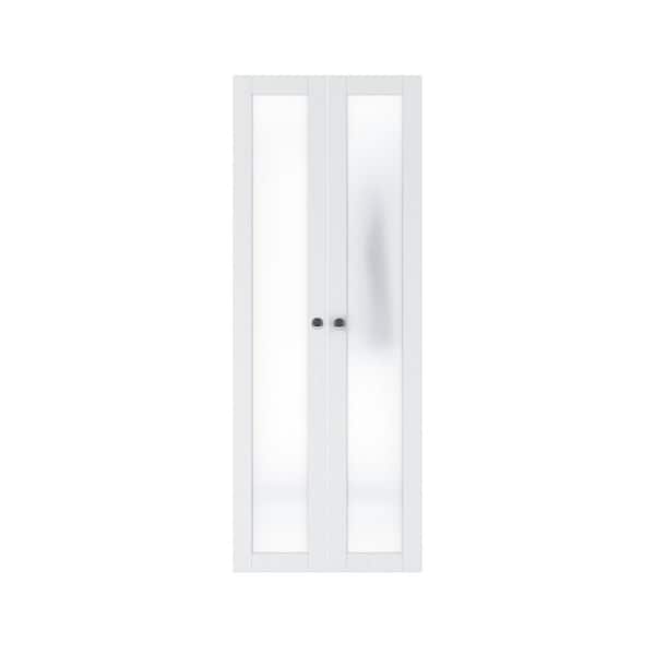 ARK DESIGN 30 in. x 80.5 in. 1 Lite Tempered Frosted Glass Solid Core White Finished Composite Pivot Bi-fold Door with Hardware