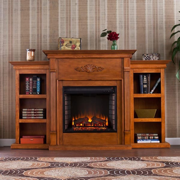 Southern Enterprises Jackson 70 in. Freestanding Media Electric Fireplace TV Stand with Bookcases in Glazed Pine