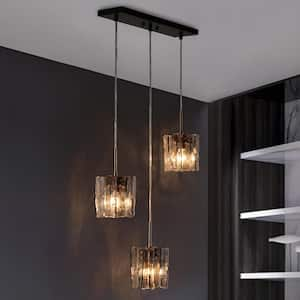 Echonalyri Modern 3-Light Glam Matte Black and Plating Brass Chandelier with Geometric Textured Glass Shades