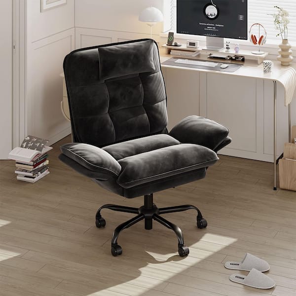 Velvet Seat High-Back Ergonomic Office Chair in Black with Adjustable Padded Arms, Swivel Chair with Padded Headrest