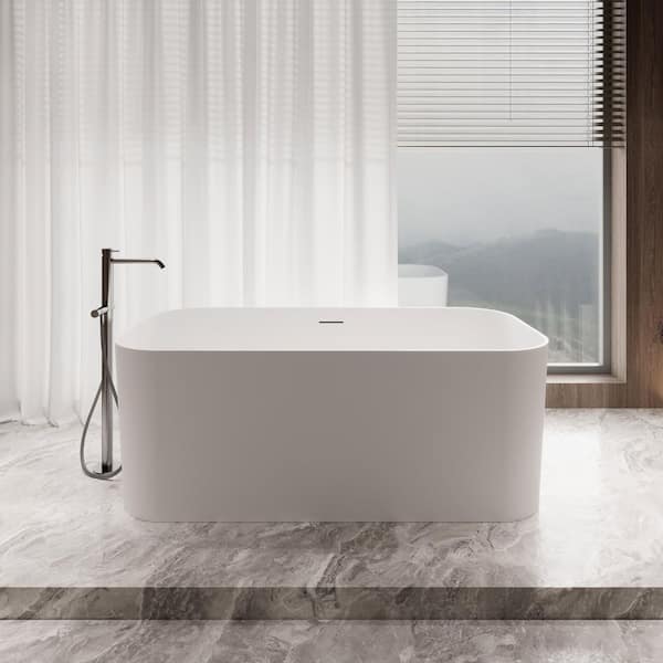 59 in. x 28 in. NS5780CH Stone Resin Freestanding Soaking Bathtub in Matte White with Polished Chrome Drain, Bamboo Tray
