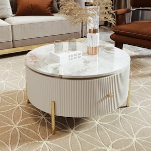31.5 in. White Round Modern MDF Nesting Coffee Table with 2 Large Drawers for Living Room