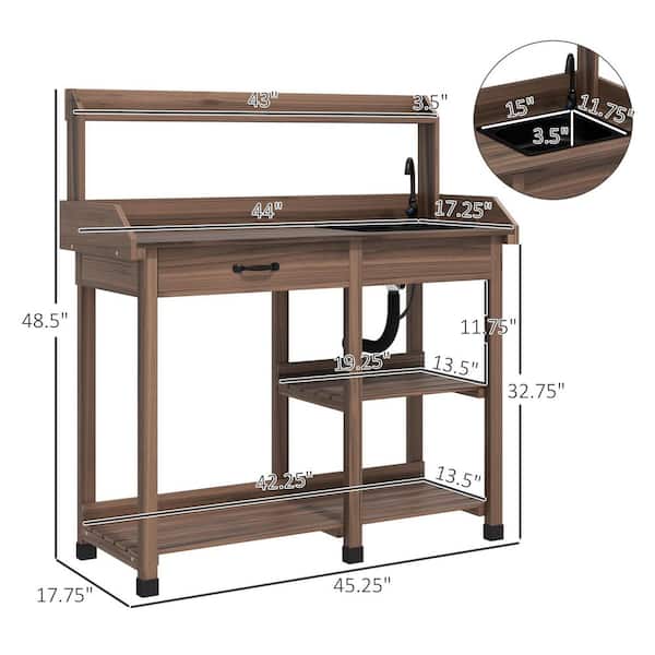 Outsunny - 45.25 in. W x 48.5 in. H Dark Brown Potting Bench Table, Outdoor Garden Table Wooden Work Station with Removable Sink