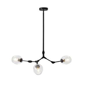 3-Light Clear Modern Linear Chandelier with Black Adjustable Arms and Glass Shades