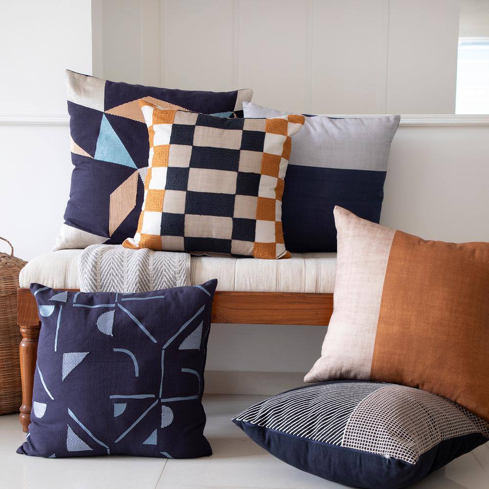 Denim Blue Embroidered Cotton Blend Square Throw Pillow