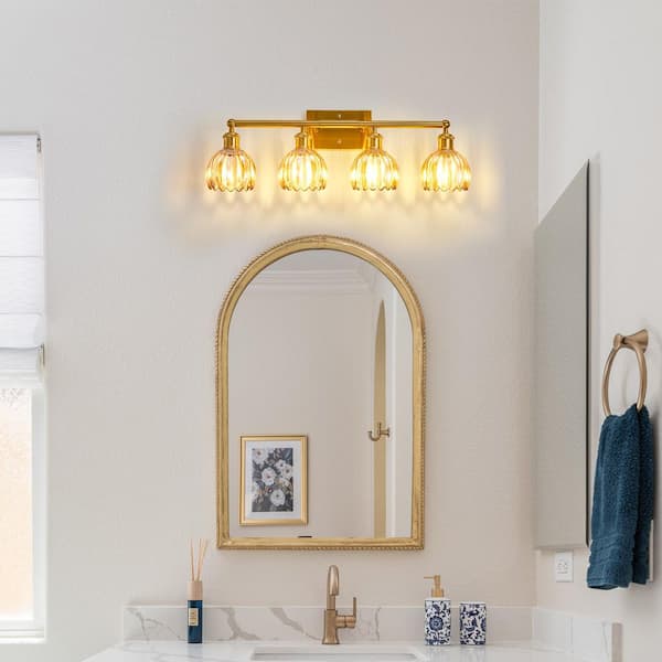 27.2 in. 4-Light Gold Vanity Light Wall Light Over Mirror with Amber Tulip Glass Shade