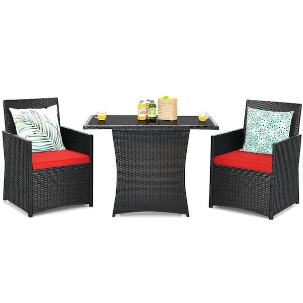 Alpulon 3-Piece Black Wicker Patio Conversation Set with Red Cushions and Sofa Armrest