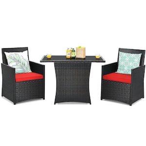 3-Piece Black Wicker Patio Conversation Set with Red Cushions and Sofa Armrest