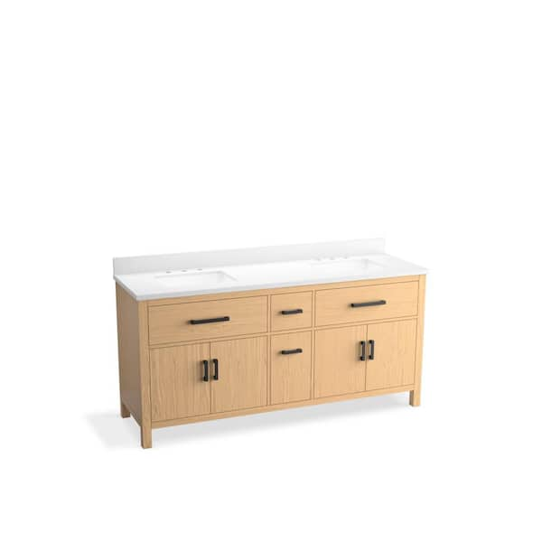 KOHLER Kresla 72 in. W x 22 in. D x 36 in. H Double Sink Bath Vanity in Light Oak with Pure White Quartz Top and Backsplash