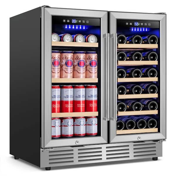 30.31 in. Dual Zone 30-Bottle Wine and 80-Cans Beverage and Wine Cooler in Stainless Steel with Blue LED Lights, 2-Locks