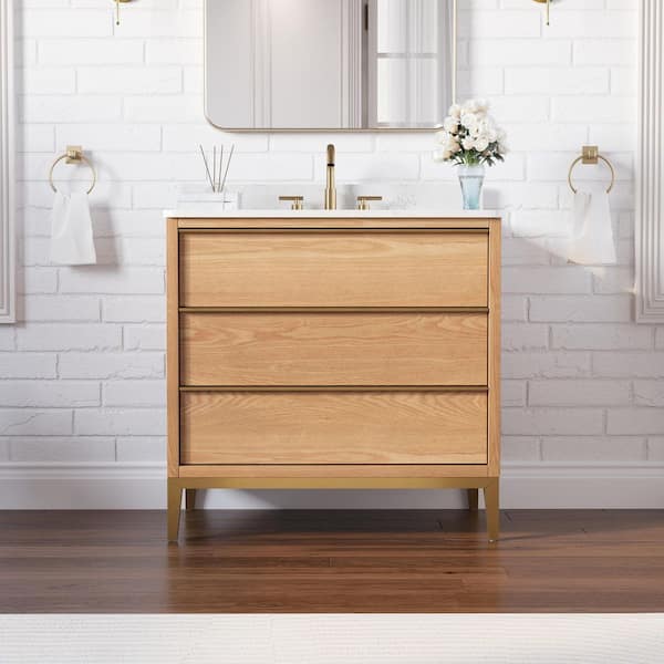 36 in.W x 22 in.D x 35 in.H Certified Single Sink Solid Wood Bath Vanity in OAK with White Quartz Top,Soft-Close Drawers