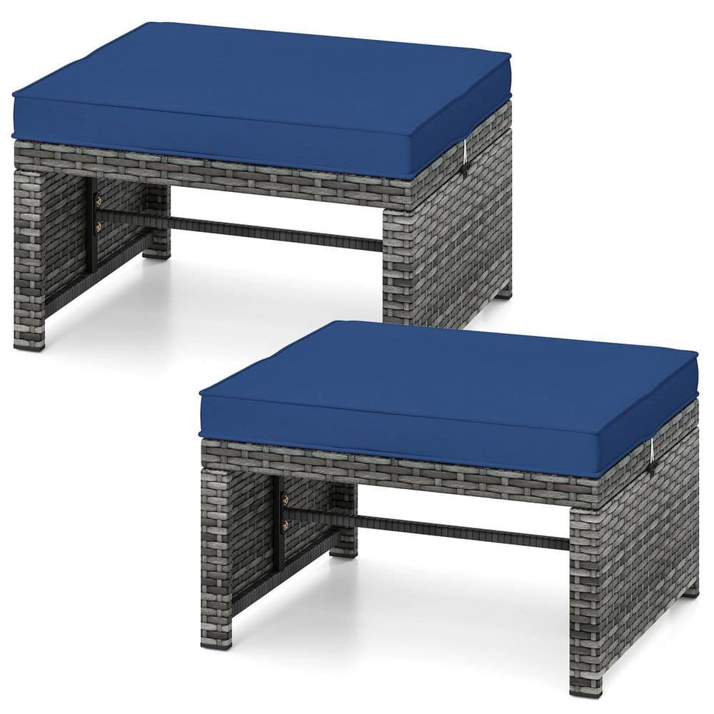 Gray Metal Frame and PE Rattan Outdoor Ottoman Set with Navy Blue Zippered Cushion(Set of 2)