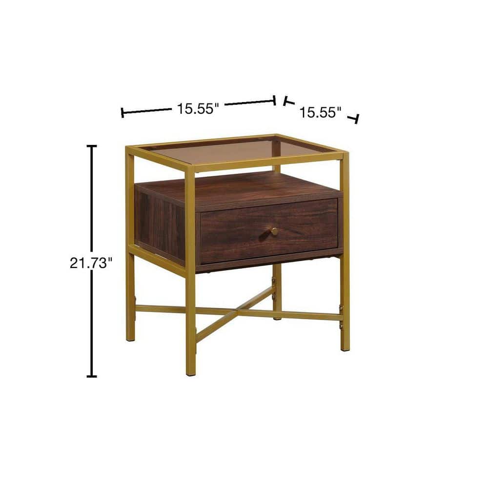 Harper Heights Luxe Walnut Side Table with Glass Top and Storage