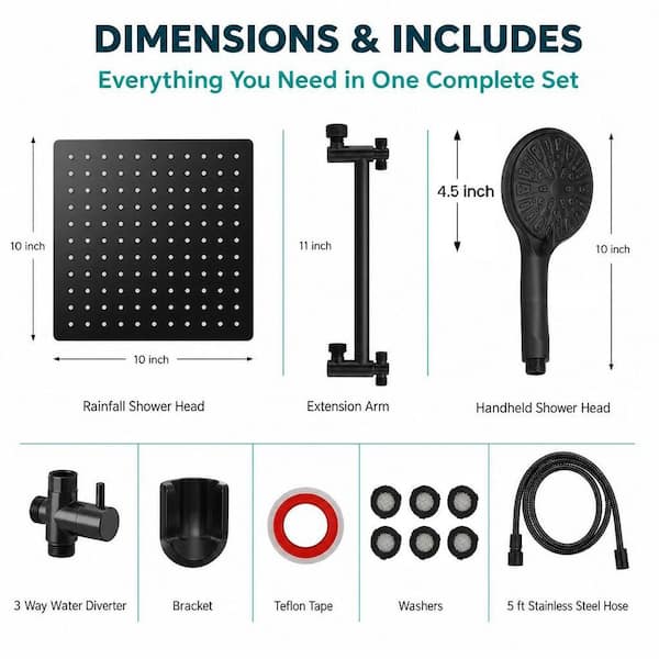2-Piece 10 in. High Pressure Rainfall and Handheld Shower in Black with 11 in. Extension Arm, 9 Settings and Holder