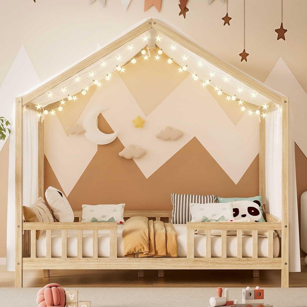 Natural Full Platform Bed with Canopy, High Railings and Roof price history on PriceWatchPro